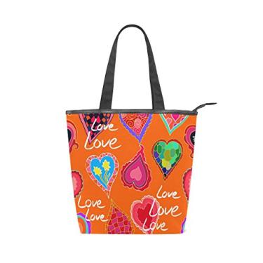 Imagem de Bolsa feminina de lona durável, colorida, rabisco, corações, patchwork, bolsa de ombro para compras com grande capacidade