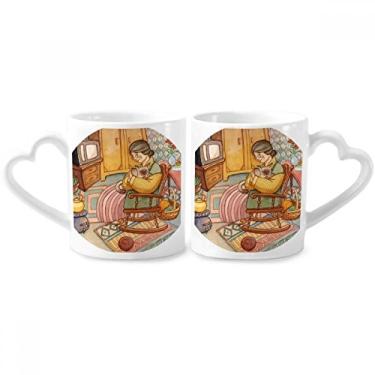 Imagem de Miaoji Conjunto de canecas de porcelana com pintura em aquarela e lã de gato para casais de avó de cerâmica com alça de coração