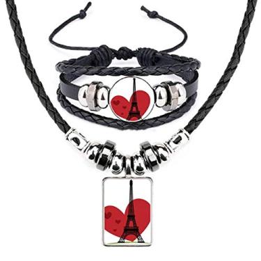 Imagem de Love, coração, Torre Eiffel, França, colar de couro, pulseira