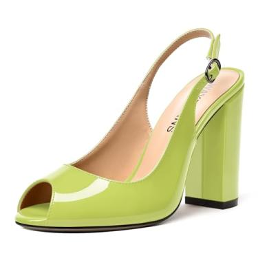Imagem de WAYDERNS Sapatos femininos de salto alto com tira ajustável para namorar fivela patente peep toe block salto alto 10 cm, Amarelo, verde, 8