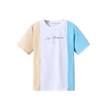 Imagem de Floerns Camiseta casual de manga curta com gola redonda e estampa de slogan para meninos, Amarelo, branco, azul, 14 Anos