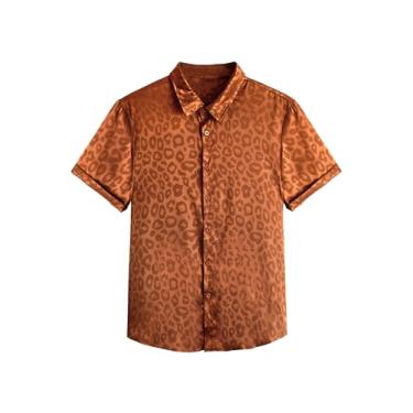 Imagem de Verdusa Camisa masculina de manga curta com estampa de leopardo e gola lapela de cetim, Marrom café, GG