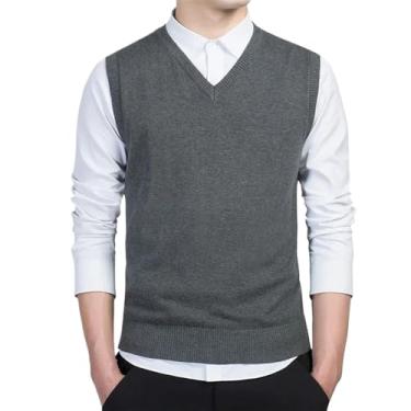 Imagem de Suéter de algodão masculino manga longa cardigã masculino gola V suéter solto sólido botão ajuste tricô estilo casual, Colete cinza escuro, G