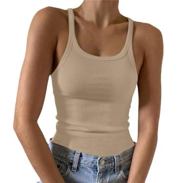Imagem de Camiseta feminina com alças finas para sair, plus size, sem mangas, sexy, blusa de verão, blusa rodada, colete formal, Caqui, P
