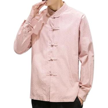 Imagem de Jaqueta de manga comprida com botões masculinos de linho de algodão com camisa branca estilo tang, camisa de linho, casual, manga comprida, rosa, P