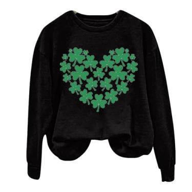 Imagem de Camiseta feminina St Patricks Day de manga comprida verde trevo da sorte camisa moderna para mulheres 2024, Preto, P