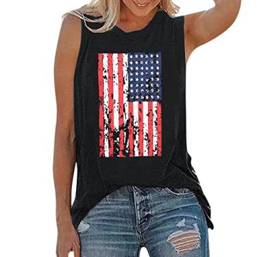Imagem de Camiseta regata feminina 4 de julho com estampa de bandeira do Dia Independente, gola redonda, sem mangas, roupas de verão, Preto, G