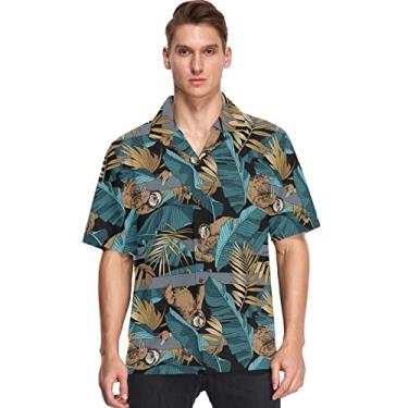 Imagem de visesunny Camisa masculina casual de botão manga curta havaiana preguiça na selva Aloha, Multicolorido, M