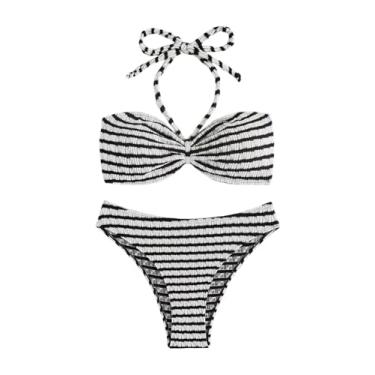 Imagem de Falainetee Conjunto de biquíni feminino listrado frente única com cintura alta colorblock, Preto, G