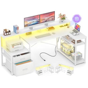 Imagem de Aheaplus Mesa em forma de L com gaveta de arquivo, mesa de computador reversível em forma de L, mesa de jogos com tomada elétrica e faixa de LED, mesa de escritório em casa com prateleira de monitor,