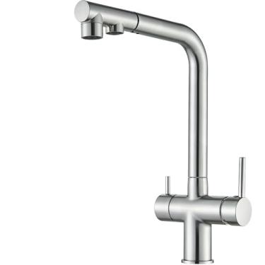 Imagem de Torneira de pia de cozinha filtrada com puxador para baixo, 2 alças, 3 em 1, filtro de água, purificador, torneira de água potável, níquel escovado