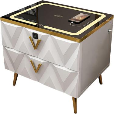Imagem de Mesa de cabeceira inteligente com luz LED de luxo moderna com 2 gavetas, porta de carregamento sem fio e organizador de bloqueio de impressão digital Armário de armazenamento com alto-falant