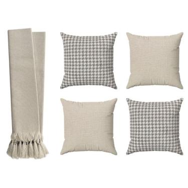 Imagem de Kit Manta Para Sofá Cama Luxo 2,20m + 4 Capas De Almofadas Bege Cru - 