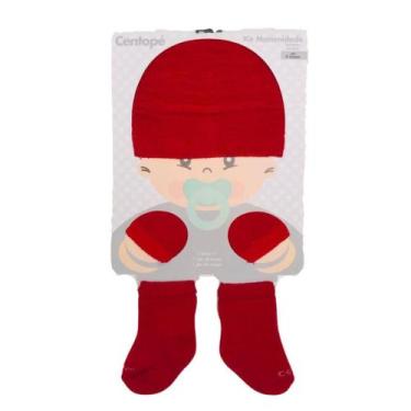 Imagem de Kit maternidade recém nascido touca + luva + meia atoalhada vermelho -
