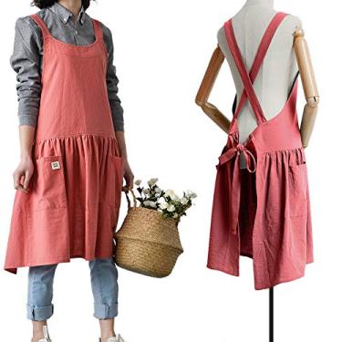 Imagem de Avental de algodão e linho cruzado nas costas para mulheres com bolsos, lindo vestido pinafore estilo japonês coreano para cozinhar pintura e limpeza de jardinagem, Grapefruit Red with Waist Ties