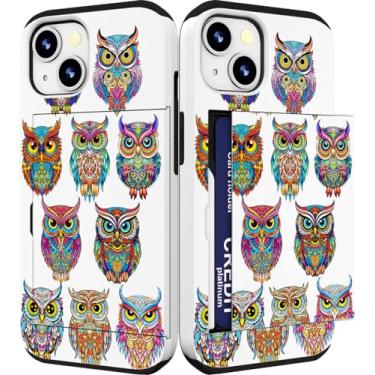 Imagem de IWONE Capa compatível com iPhone 15 fofa com porta-cartões Slim Slot Phone 15 capas carteira para mulheres/coruja pássaros estilo tribal tatuagem animal engraçado