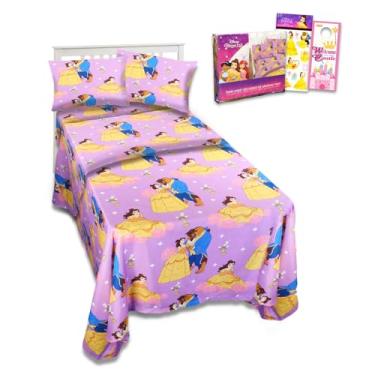 Imagem de Jogo de cama infantil A Bela e a Fera – Pacote com lençol de cima, lençol com elástico e fronha para cama de solteiro, mais | Lençóis de solteiro A Bela e a Fera