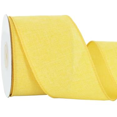 Imagem de RIBBOOO Fita com fio de serapilheira natural, fita de tecido amarelo limão de 6 cm e 10 metros para artesanato, laço de guirlanda, embrulho de presente, casamento, decoração de festa de Natal