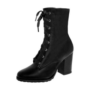 Imagem de Bota Coturno Couro Legítimo Salto Alto Grosso Cano Curto Bico Redondo 