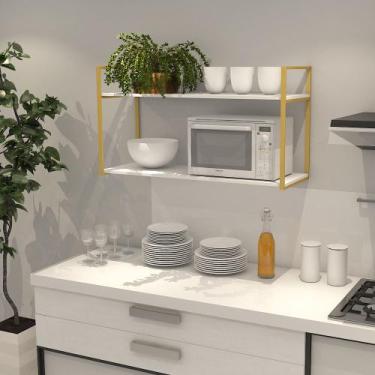 Imagem de Prateleira Industrial Parede ou Suspensa Dourada Aço e Madeira 50x40x9