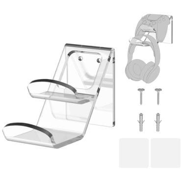Imagem de Geekria Acrylic Dual Gamepad Controller & Headphone Stand Holder, Wall Mount Gaming Headphone Hanger Hook for PS4 PS5 Xbox ONE Game Controller Pulse 3D Headset