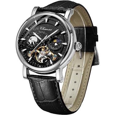 Imagem de FORSINING Relógio masculino luminoso céu estrelado com turbilhão da fase da lua, relógios modernos automáticos mecânicos, relógio de pulso com cinto de couro com caixa de aço inoxidável, Prateado,