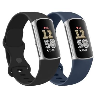 Imagem de Pacote com 2 pulseiras de silicone para Fitbit Charge 6/Fitbit Charge 5, pulseira de substituição esportiva macia clássica para mulheres e homens (preto + azul marinho, pequeno)