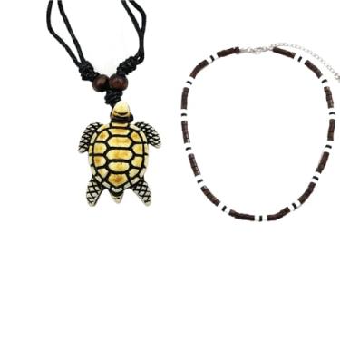 Imagem de HWJQ Colar com pingente de tartaruga havaiana com contas de madeira, gargantilha de tartaruga, boêmio, feito à mão, colar com pingente de tartaruga marinha, Resina, Sem Pedra Preciosa