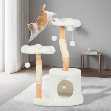 Imagem de Yungaspy Torre de árvore de gato fofa para gatos adultos em ambientes internos, flores de madeira com 6 pompons, torre moderna para gatos com poste para arranhar, condomínio estético de luxo para