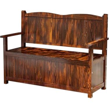 Imagem de Banco externo com armazenamento, caixa de deck de madeira, banco de pátio com encosto, banco de jardim com recipiente de 2 lugares, perfeito para ferramentas de jardim e brinquedos de piscina,