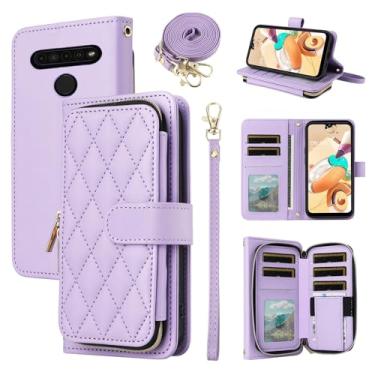 Imagem de Furiet Argyle Capa carteira para LG K61/Q61/K51S/K41S com alça de pulso alça de ombro 9+ compartimento para cartão bolsa com zíper bolsa de luxo couro PU suporte capa de celular xadrez para K 61 51S