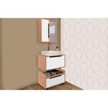 Imagem de Gabinete de Banheiro Balcão Suspenso BN3646 e Balcão c/ Rodízios BN3647 60cm e Armário c/ Espelho BN3648 60cm Amêndoa/Branco - Tecno Mobili