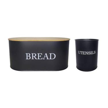 Imagem de Porta Pao Tampa Bambu Porta Utensilios Pote Aço Preto 2un - CASACHA