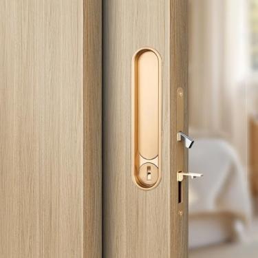 Imagem de Fechadura de porta de bolso com puxador, maçaneta deslizante de privacidade, fechadura de porta de celeiro (ouro)