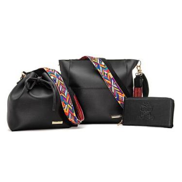Imagem de Kit Mega Luxo 2 Bolsas e 1 Cateira Porta Cartão Com Alças Preto e Colo