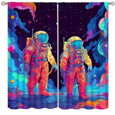 Imagem de AAVEUP Cortinas de astronauta, desenho animado abstrato legal colorido engraçado espaço sideral cósmico tratamentos de janela cortinas de bolso de haste para meninos adolescentes homens quarto sala de