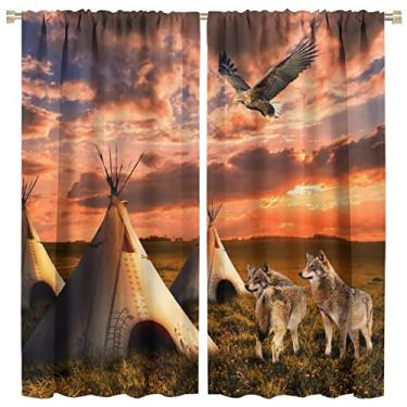 Imagem de Cortinas blecaute tribais americanas ocidentais para quarto - rústica pastagem ocidental tribal pôr do sol tenda águia lobo tratamento de janela, cortinas de escurecimento de quarto com bolso de haste