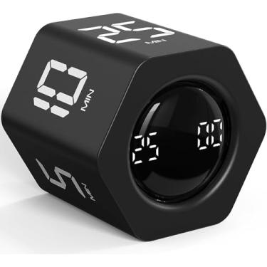 Imagem de Rotating Pomodoro Timer 5, 25, 10 30,60 Mins Preset Stopwatch, Desk Flip ProductivityTimer, ADHD Tool Hexagon, Vibration/Mute/Alarm, for Work, Study, Back to School, Kitchen, Black