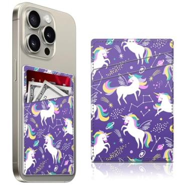 Imagem de ADQWIOVL Porta-cartão de telefone de couro, carteira de telefone bonita, suporte de cartão de crédito para capa de telefone, adesivo de bolso duplo na parte traseira da maioria dos telefones