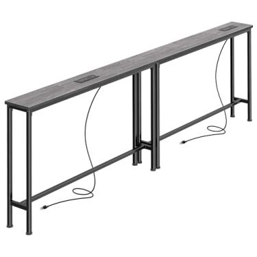 Imagem de SUPERJARE Mesa de console estreita de 14 cm com tomada, conjunto de 2 mesas de sofá, comprimento total 190 cm, atrás da mesa de sofá, mesas de entrada longas com estação de carregamento, para sala de