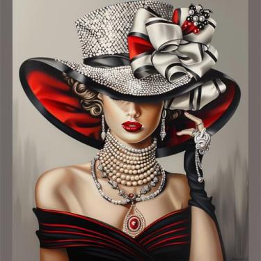 Imagem de Beauty Elegant Lady Wear Hat 5D Diamond Art Painting by Number Kits para Adultos Pintura DIY com Broca Completa Diamante Redondo Gemas Pintura Arte Artesanato para Decoração de Parede de Casa 35 x 35