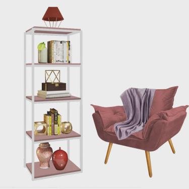 Imagem de Kit Poltrona Fatte com Manta Soft Lilás e Estante Livreiro Ferro Branco mdf Rose Suede Rose Gold - Ahz Móveis