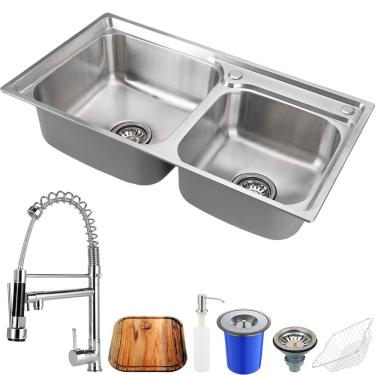 Imagem de Cuba para cozinha gourmet pia dupla aço inox com acessórios tábua de corte lixeira 5L Ticunas e Torneira monocomando gou