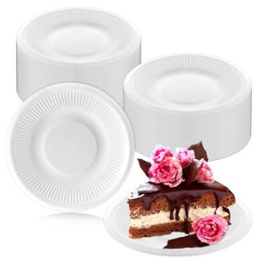 Imagem de LeonBach Pacote com 200 pratos pequenos de papel de 12 cm, pratos descartáveis a granel, fibra de bagaço de cana, branco, redondo, prato de bolo, mini prato de aperitivo de sobremesa para lanche de