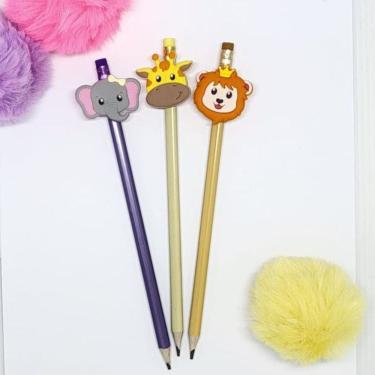 Imagem de 03 Lapis de escrever bichinhos fofos leãozinho girafa elefantinho papelaria fofa material escolar volta as aulas papelar