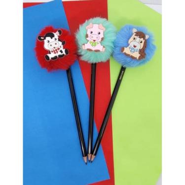 Imagem de 03 Lápis de escrever pompom animais fazendinha material escolar papelaria presente lembrancinha