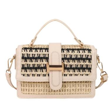 Imagem de OWGSEE Bolsas transversais de palha para mulheres, bolsa clutch de palha de verão, bolsa de praia de tecido para férias, C Preto