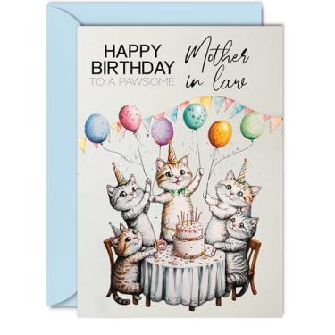 Imagem de Cartão de aniversário da sogra - balões de gatos para festa pawsome - Cartão de feliz aniversário para sogra do filho da nora, cartões comemorativos de aniversário de gato fêmea A5