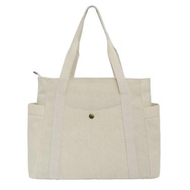 Imagem de Bolsa Sacola Ecobag Algodão Cru Leve Vários Bolsos Ombro Casual Escola