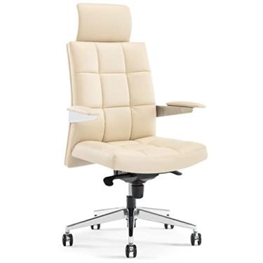 Imagem de Cadeira executiva confortável de couro bovino de camada superior, cadeira de jogos reclinável para quarto de casa, cadeira giratória ergonômica, fácil de instalar (cor: bege, tamanho: 49 * 117-125 cm)